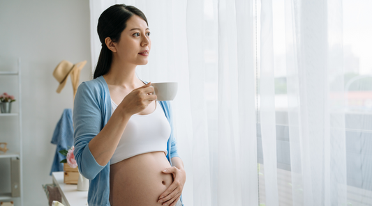 a person holding a cup of coffee in front of the window